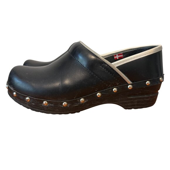 Sanita womens Size 37 Black Leather Clogs With Studded Trim - Picture 1 of 9